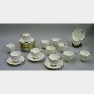 Set of Crown Staffordshire Gilt-banded Porcelain Twelve Cups and Fifteen Saucers.