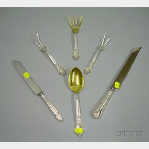 Set of Three Gorham Gilt Sterling Silver Serving Forks and a Spoon with Two Sterling-handled Cake Knives.e2...