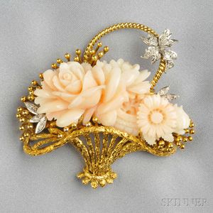 18kt Gold, Carved Coral, and Diamond Brooch