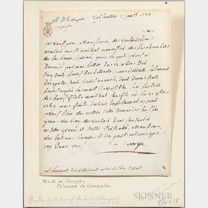 Marie Thérèse Louise of Savoy, Princesse de Lamballe (1749-1792) Letter Signed, Versailles, 3 January 1788.