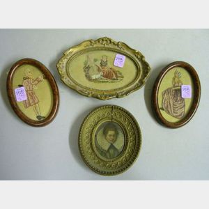 Framed Miniature Oil Portrait of Queen Elizabeth I and Three Small Framed Needlework Scenes.