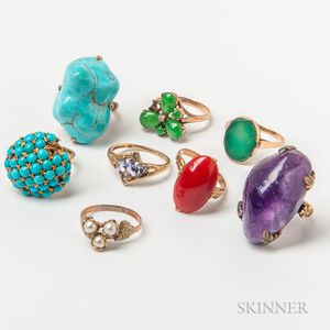 Eight Gold and Hardstone Rings