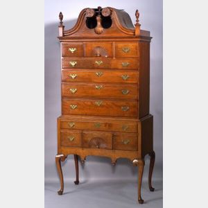 Queen Anne Cherry Carved Scroll-top High Chest of Drawers