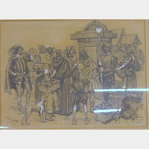 Framed Graphite and Gouache on Paper European Genre Scene Depicting the Reading of a Proclamation, Attributed to L.F. Grant (Amer...