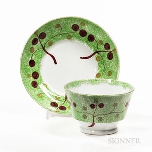 Green Spatterware Berry Pattern Teacup and Saucer