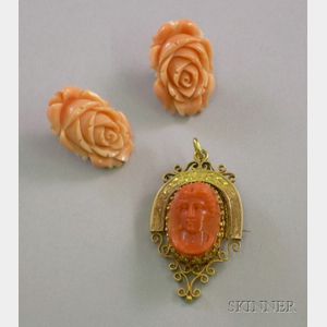 Pair of Carved Angelskin Coral Earrings and a Yellow Gold Fancy Engraved Collet-Set Coral Cameo Brooch/Pedant
