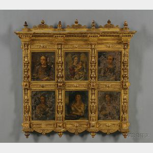 Italian School, 16th Century Style Group of Six Religious Paintings on Copper in Common Giltwood Frame