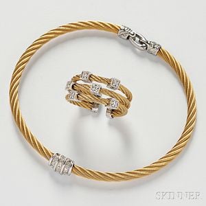 18kt Gold, Steel, and Diamond Bracelet and Ring, Charriol