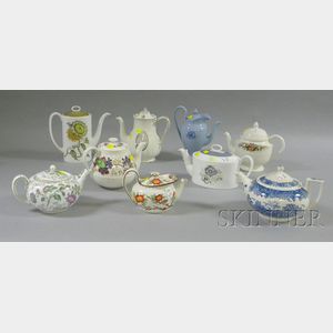 Nine Assorted Wedgwood Transfer Decorated Ceramic Teapots.