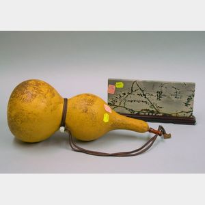 Asian Scholar Stone with fitted Teak Stand and Gourd with Cord and Fob