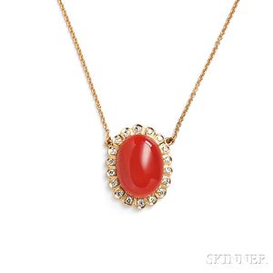 18kt Gold, Coral, and Diamond Pendant