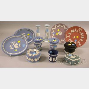 Ten Modern Wedgwood Solid Jasper Items and a Pair of Embossed Queen's Ware Candlesticks