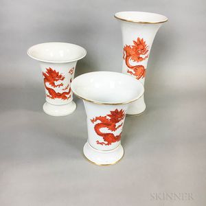 Three Meissen Sepia Dragon Porcelain Vases