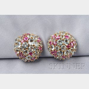 14kt Gold, Aquamarine, and Ruby Earclips