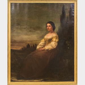 American School, 19th Century Seated Young Peasant Woman in a Landscape with a Crescent Moon