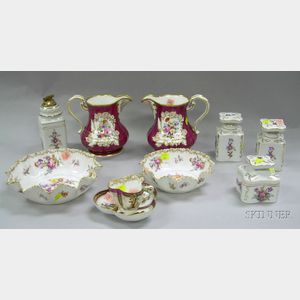 Ten English and Continental Hand-painted Porcelain Table Items