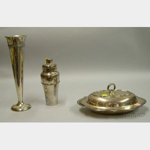 Silver Plated Trumpet Vase, Meriden Cocktail Shaker, and a Covered Vegetable Dish.