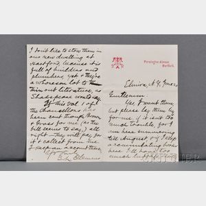 Twain, Mark (1835-1910) Autograph Letter Signed, Elmira, New York, 20 June [c. 1874]