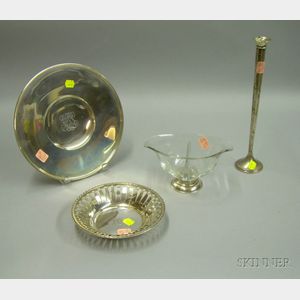 Sterling Silver Cake Plate, Reticulated Bowl, Bud Vase, and a Footed Divided Glass Condiment Bowl.