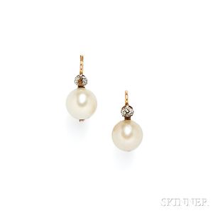 18kt Gold, Cultured Pearl, and Diamond Earpendants