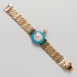 14kt Gold, Enamel, and Turquoise Wristwatch