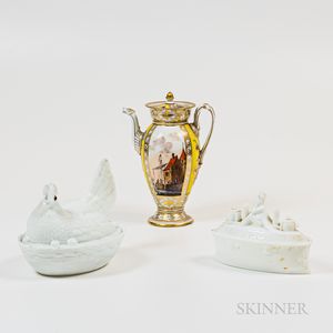 Meissen Teapot and Two Pieces of Milk Glass Tableware