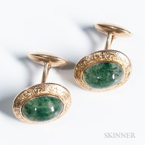 Pair of Antique 14kt Gold and Moss Agate Cuff Links
