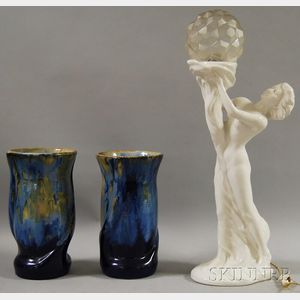 Pair of European Blue Flambe Glazed Art Pottery Vases and an Art Nouveau White Glazed Ceramic Figural Table Lamp