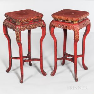 Near Pair of Red Lacquered, Carved, and Gilded Incense Stands