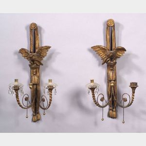 Pair of Neoclassical Carved and Gilded Eagle Two-Light Wall Sconces