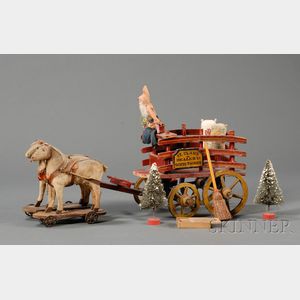 Painted Wooden Pull-Toy Wagon, with Horses and Santa Claus Figure