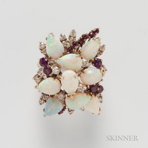 14kt White Gold, Opal, Diamond, and Ruby Cocktail Ring