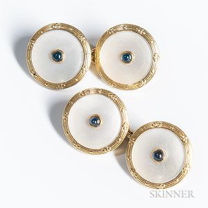 Pair of Art Deco 14kt Gold, Mother-of-pearl, and Sapphire Cuff Links