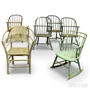Six Mostly Sack-back Windsor Armchairs