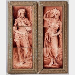 Two Cambridge Art Tile Works Three-part Pottery Panels of Women