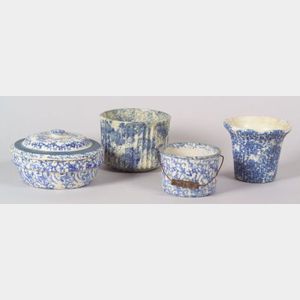 Four Blue and White Spongeware Pottery Items