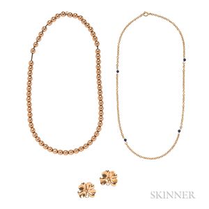 14kt Gold Bead Necklace, a Pair of 14kt Gold Clover Earclips, and a Gold-plated and Lapis Necklace