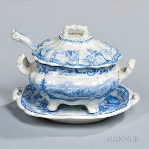 Staffordshire Historical Blue Transfer-decorated Sauce Tureen, Undertray, and Ladle