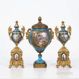 Three-pieces Sevres-style Gilt-bronze-mounted Garniture