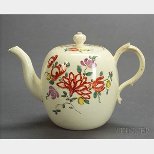 Enamel Decorated Creamware Teapot and Cover