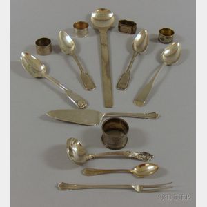 Five Silver Napkin Rings and Eight Silver Flatware Items