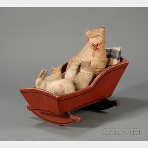 Red-painted Doll Cradle with Four Lithographed Cloth Cats and a Rabbit