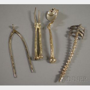 Three-Piece Michael Aram Silver Plated "Bone" Serving Set and a Pair of Silver Plate Wishbone-form Serving Tongs