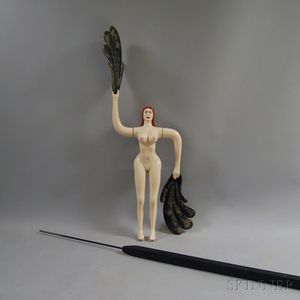 Folk Art Whirligig of a Nude Woman Holding Feather Fans