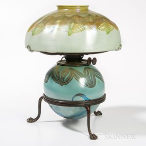 Tiffany Favrile Glass Oil Lamp and Possibly Tiffany-style Shade on Bronze Base