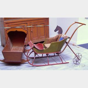 Pine Hooded Cradle, a Childs Painted Sleigh, and a Horse Toy.