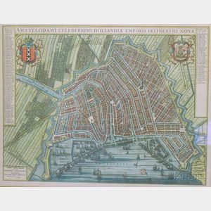 Framed Hand-colored 18th Century Style Map of Amsterdam