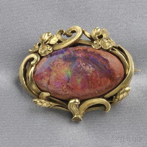 Art Nouveau 14kt Gold and Matrix Opal Brooch