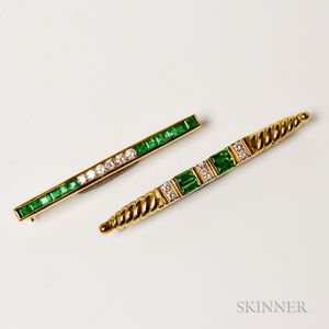 18kt Gold, Emerald, and Diamond Bar Brooch and a 14kt Gold, Tourmaline, and Diamond Bar Brooch