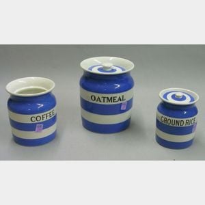 Three Blue and White Striped Ironstone Kitchen Canisters